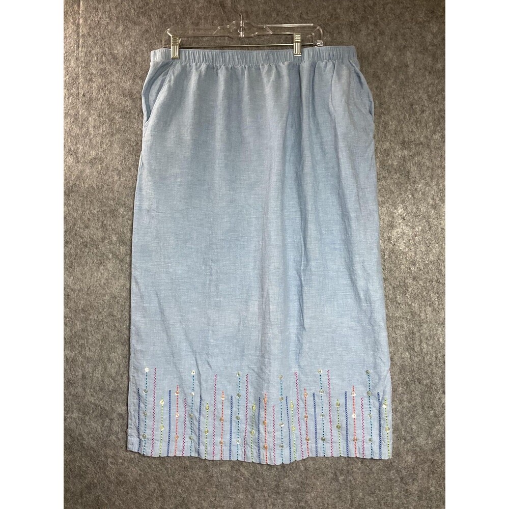 Bechamel Skirt Womens XL Blue Linen Blend Pockets Elastic Waist Embroidered Hem